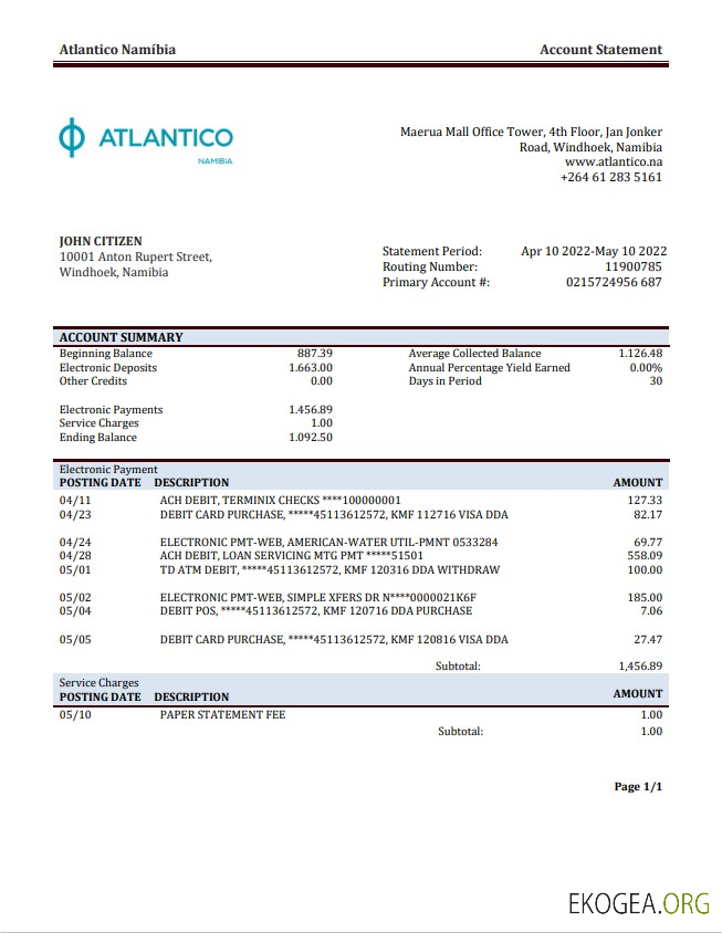 Relevé bancaire d'Atlantico en Namibie